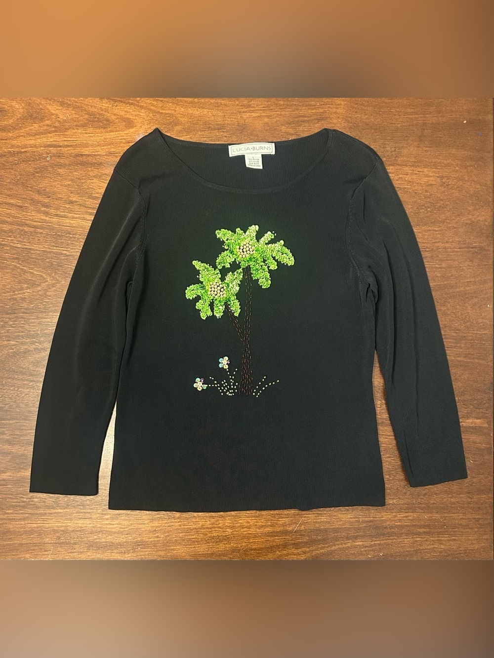 Lucia Burns Black Long-Sleeve Tee with Green Beaded Tree